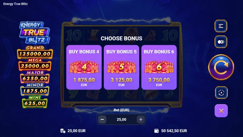 Energy True Blitz – bonusų pirkimo meniu