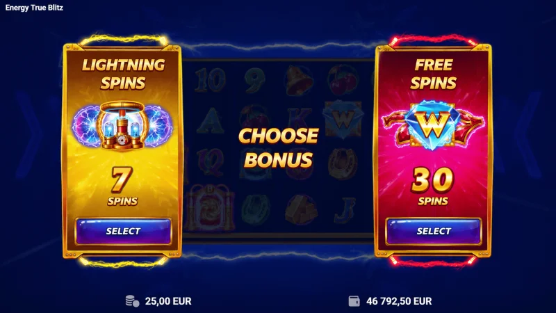 Energy True Blitz – Lightning Spins varianto pasirinkimas